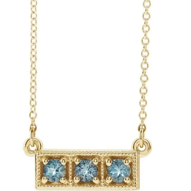 14KT GOLD 0.30 CTW ROUND AQUAMARINE 3 STONE BAR NECKLACE
