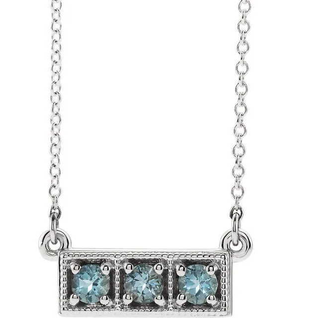 14KT GOLD 0.30 CTW ROUND AQUAMARINE 3 STONE BAR NECKLACE
