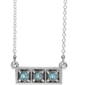 14KT GOLD 0.30 CTW ROUND AQUAMARINE 3 STONE BAR NECKLACE