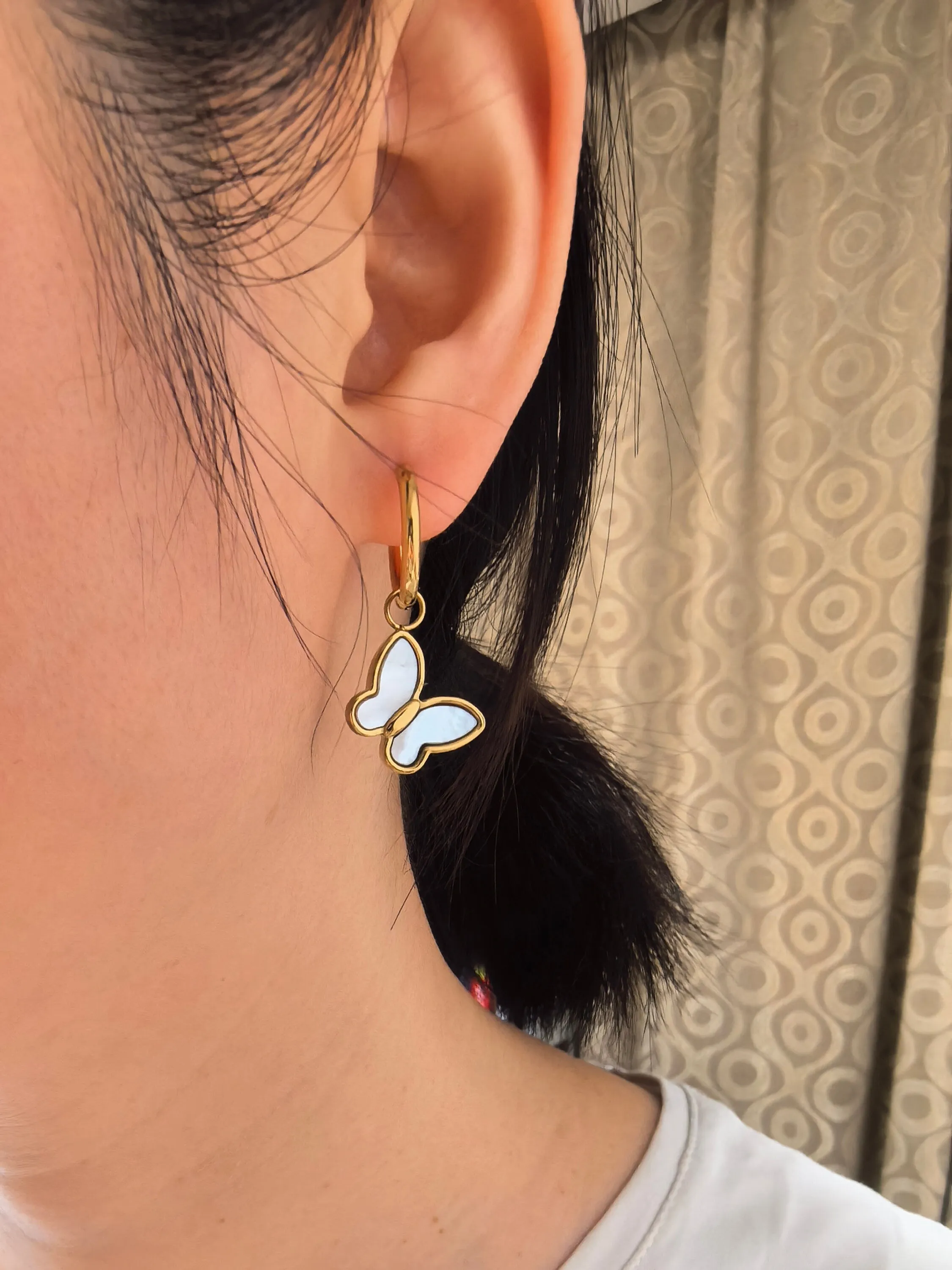 18K Gold Plate Shell Butterfly Drop Huggie Hoop Earrings