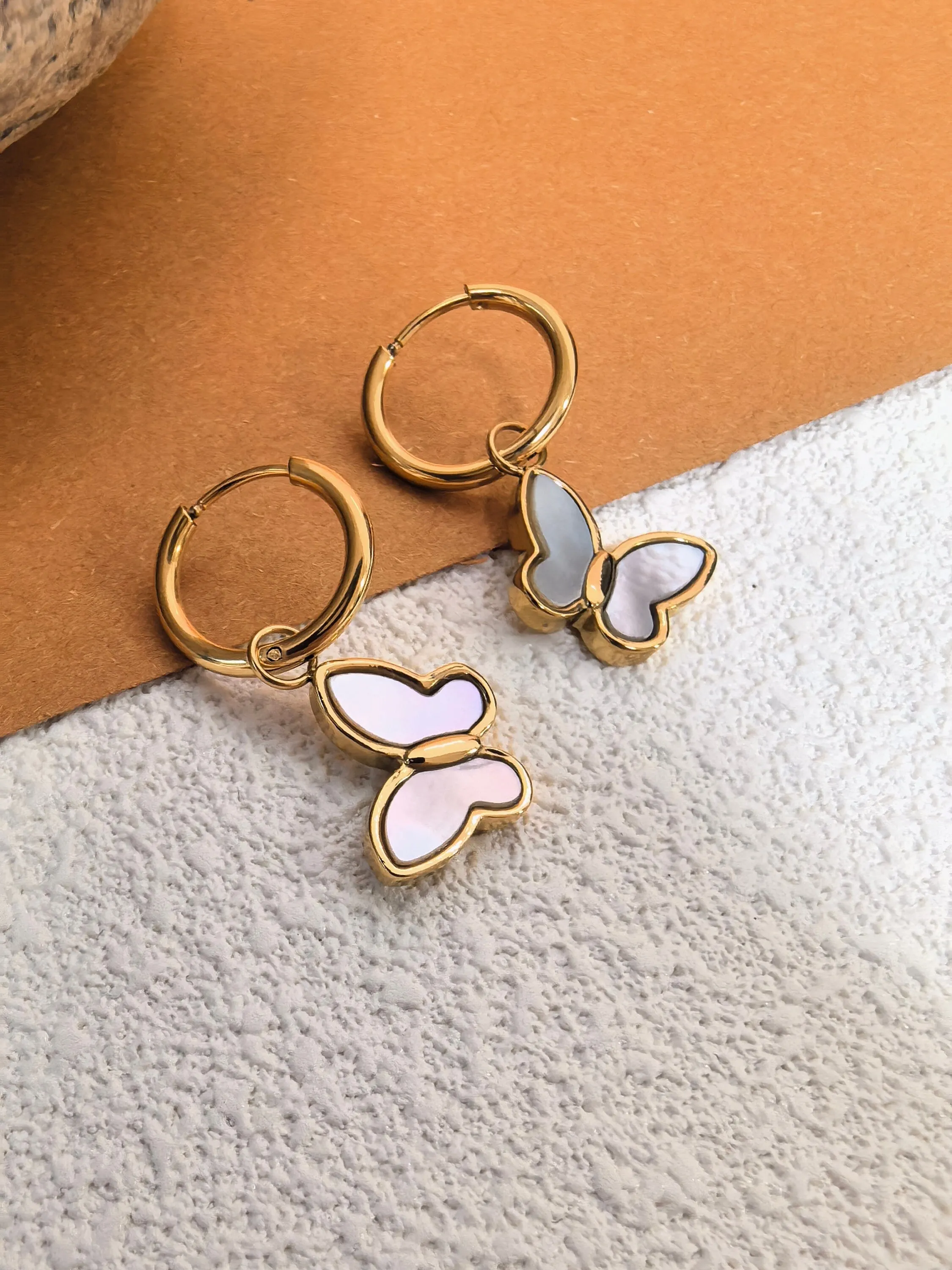 18K Gold Plate Shell Butterfly Drop Huggie Hoop Earrings