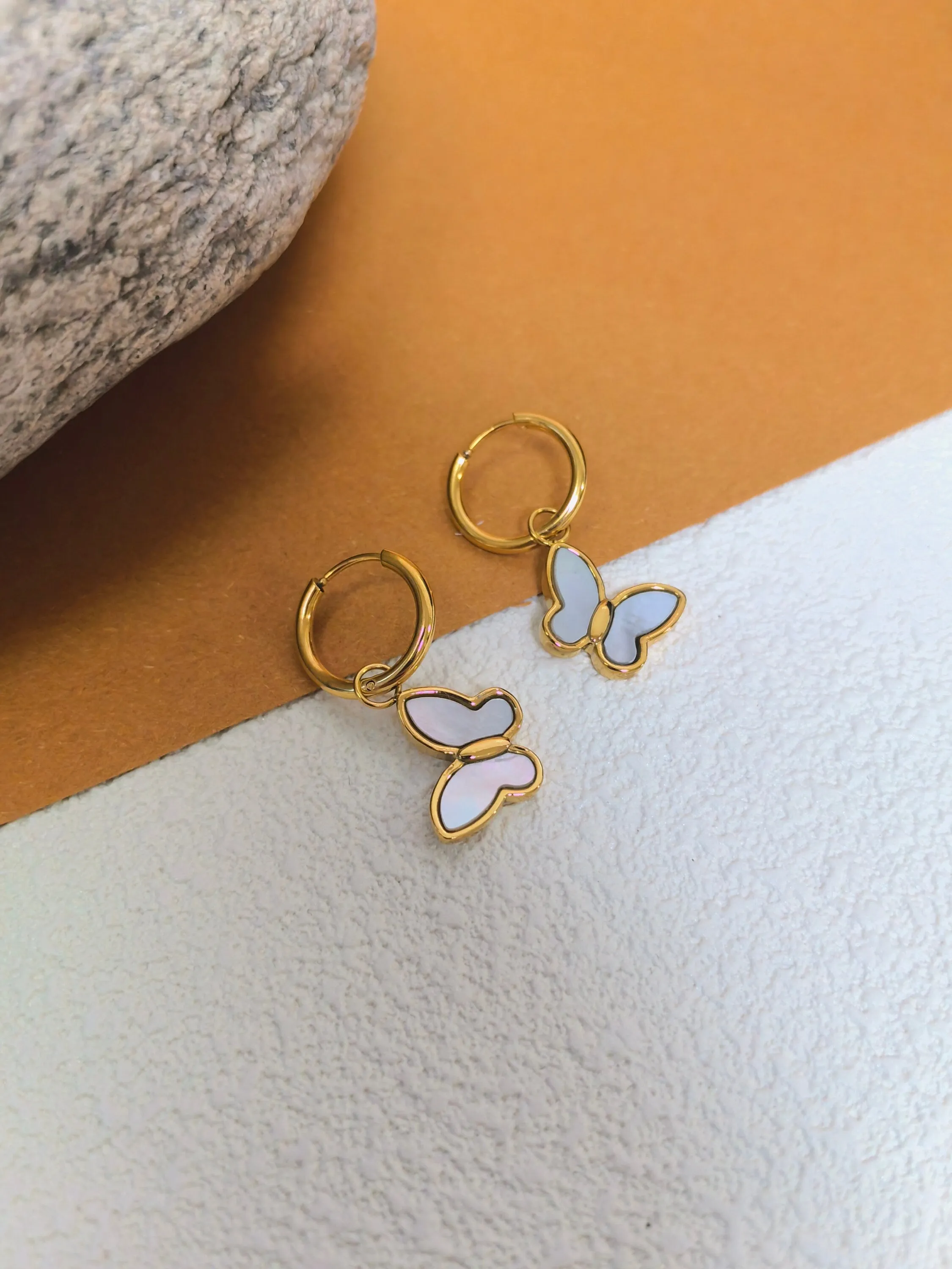 18K Gold Plate Shell Butterfly Drop Huggie Hoop Earrings