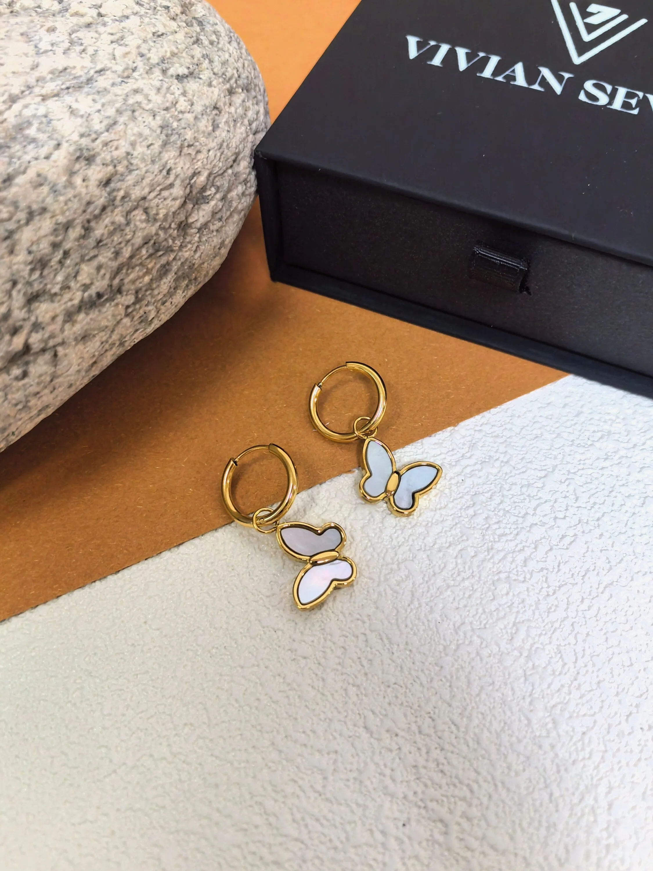 18K Gold Plate Shell Butterfly Drop Huggie Hoop Earrings