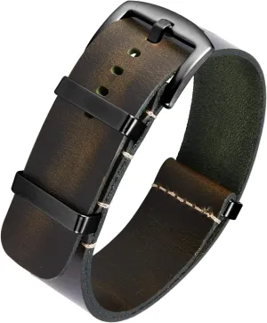 BINLUN Leather Watch Band Crazy Horse Oiled Leather Watch Straps 18mm 19mm 20mm 21mm 22mm 24mm Replacement One-Piece Watchbands for Men and Women Silver & Black Buckle