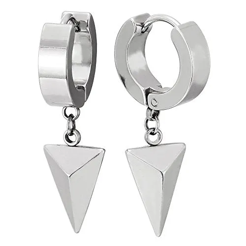 Black Dangling Triangle Pyramid Huggie Hinged Earrings for Men and Women, Stainless Steel, 2pcs, Modern Design for a Trendy, Stylish Look