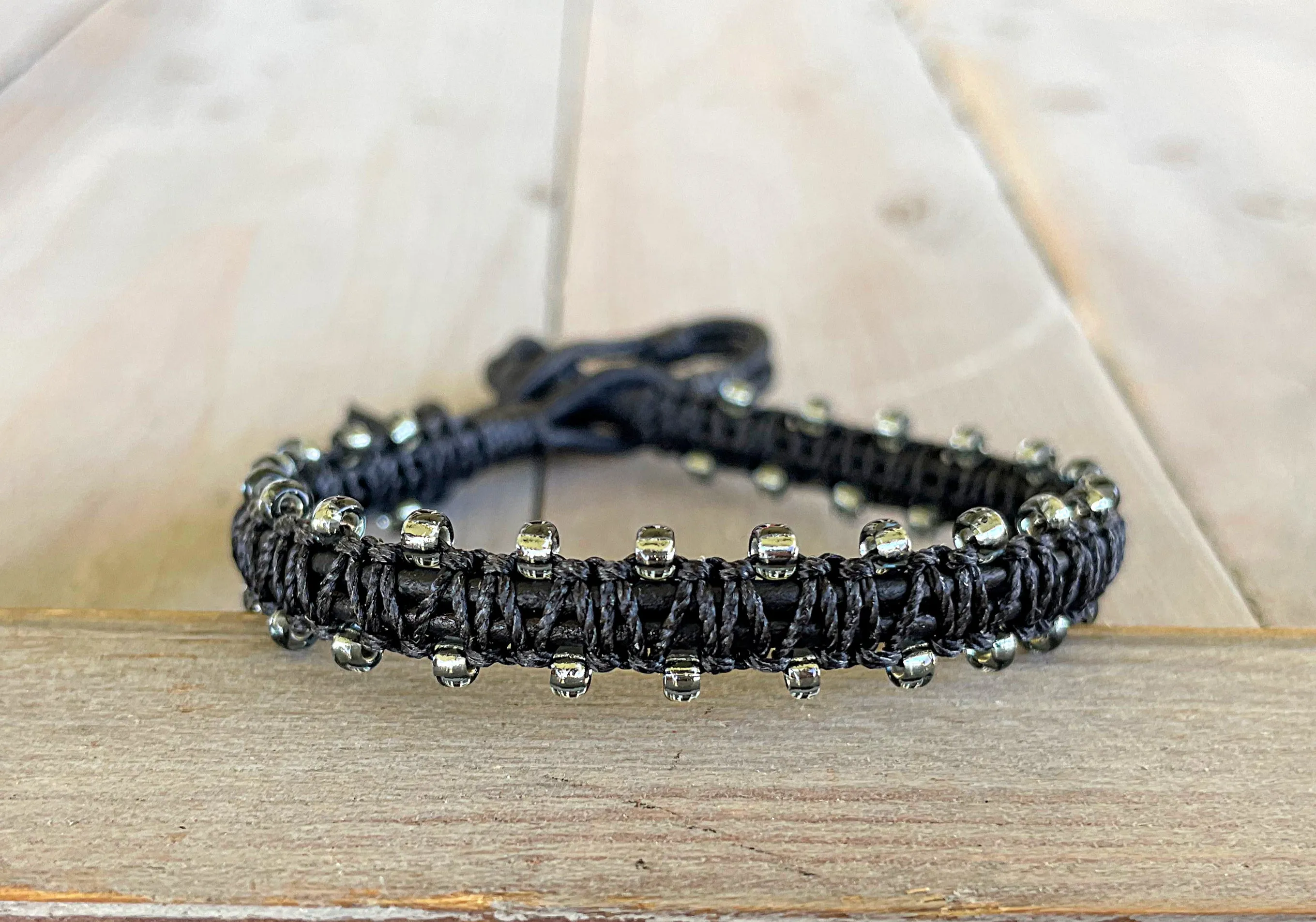 Black Onyx Leather Beaded Macrame Bracelet