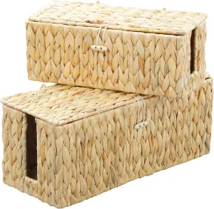 Cable Management Box,Hand-woven Water Hyacinth Decorative Cord Organizer,2 Side Open Slots Wicker Cable Box to Hide Cords and Power Strip,for Desk, Floor, Office,2 Pack
