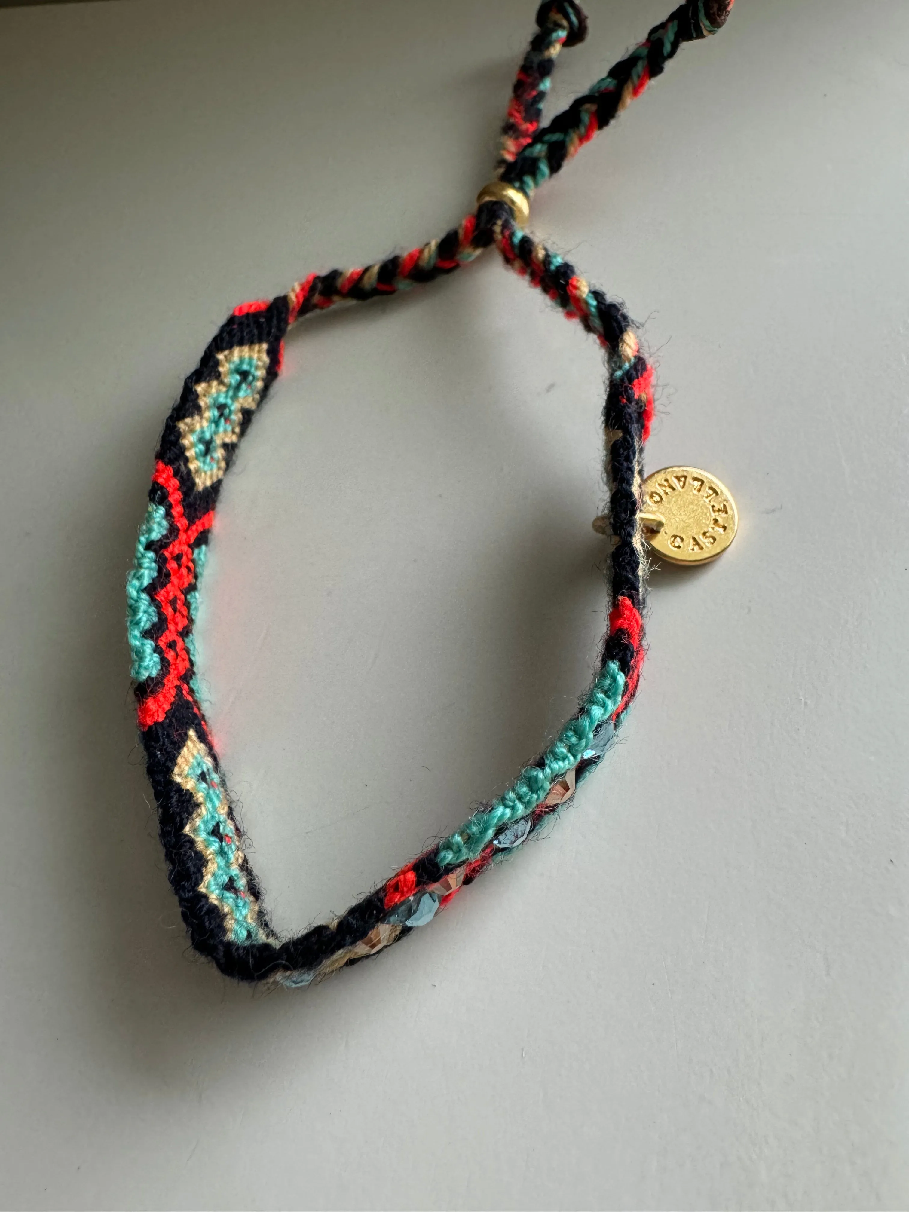 Castellano Wayuu Macrame Woven Bracelet with Gold Links and Swarovski Crystals