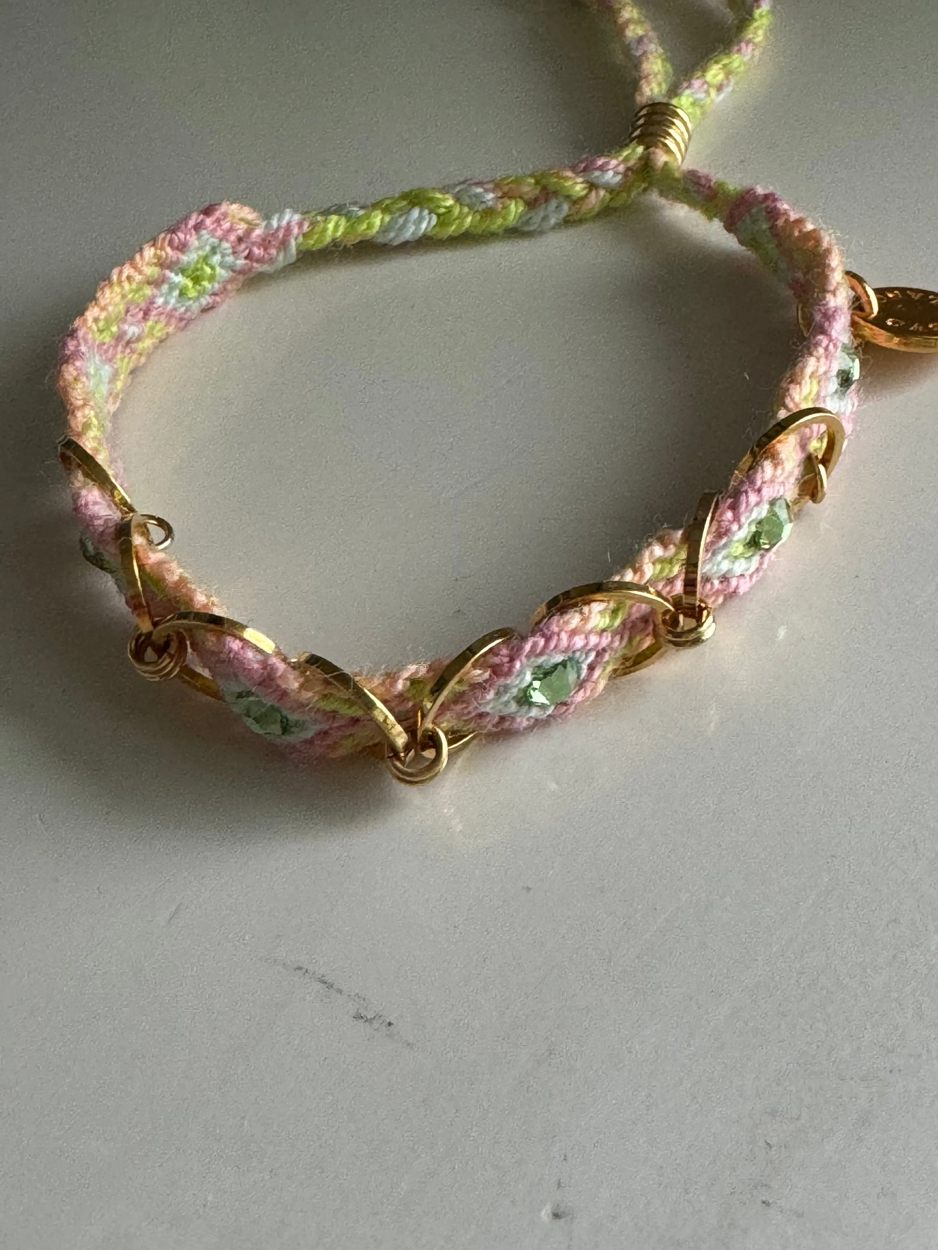 Castellano Wayuu Macrame Woven Bracelet with Gold Links and Swarovski Crystals