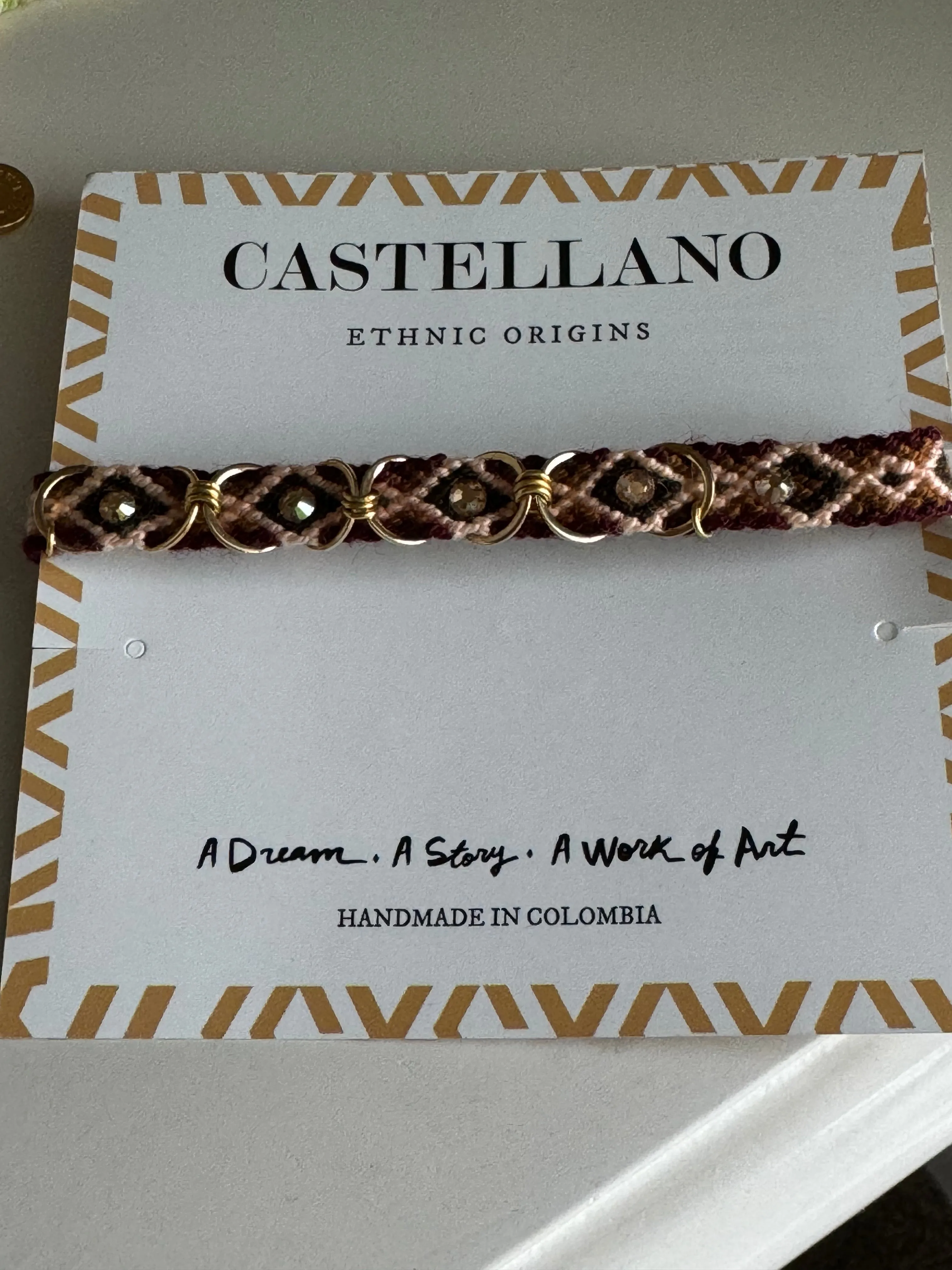 Castellano Wayuu Macrame Woven Bracelet with Gold Links and Swarovski Crystals