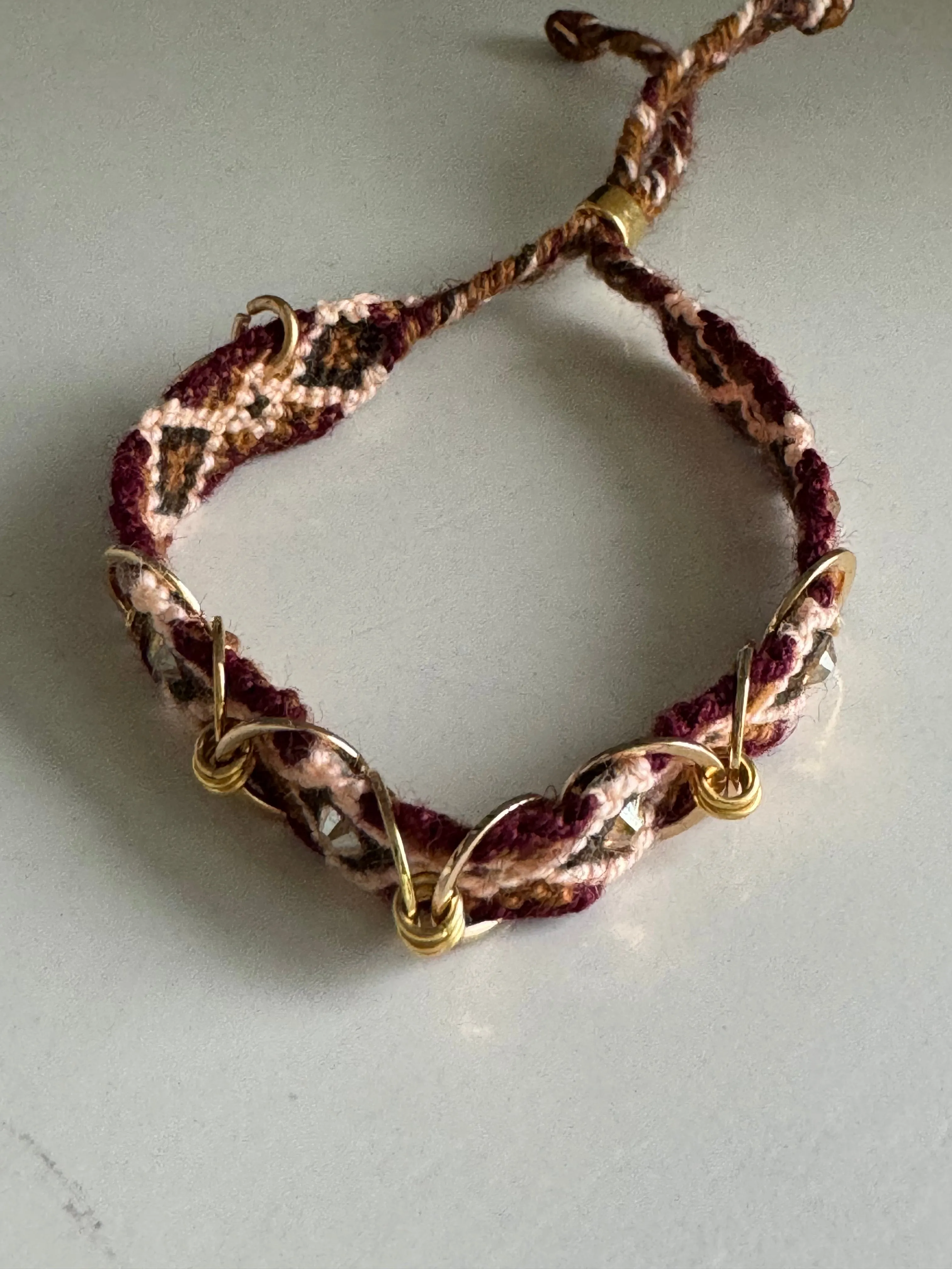 Castellano Wayuu Macrame Woven Bracelet with Gold Links and Swarovski Crystals