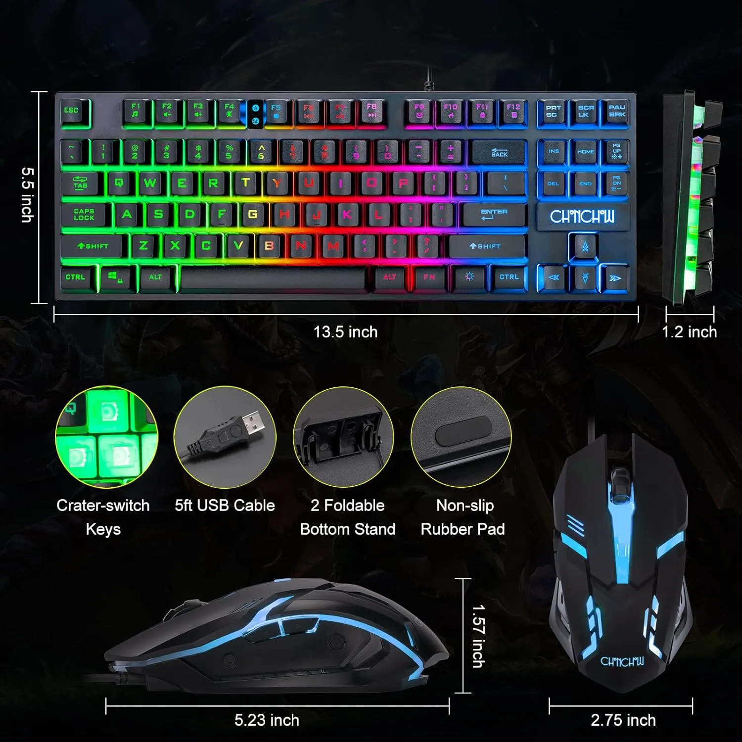 CHONCHOW 87 Keys TKL Gaming Keyboard and Mouse Combo, Wired LED Rainbow Backlit Keyboard 800-3200 DPI RGB Mouse, Gaming for PS4 Xbox PC Laptop Mac