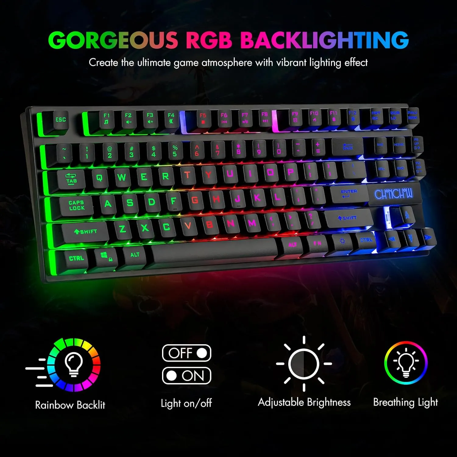 CHONCHOW 87 Keys TKL Gaming Keyboard and Mouse Combo, Wired LED Rainbow Backlit Keyboard 800-3200 DPI RGB Mouse, Gaming for PS4 Xbox PC Laptop Mac