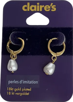 Claire's Metallic 18k Yellow Gold Plated 10mm Pearl Teardrop Huggie Hoop Earrings One Size