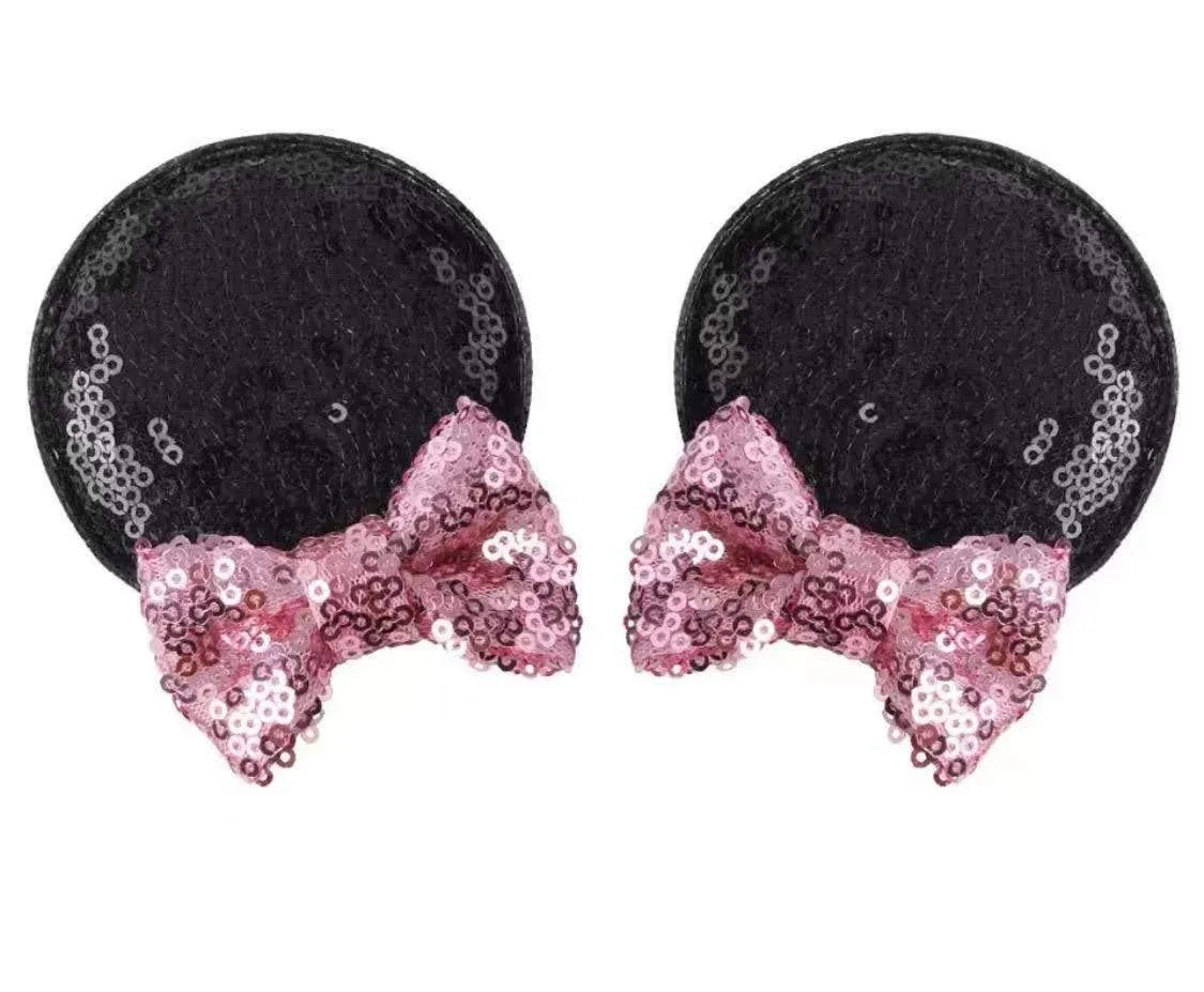 CLGIFT Minnie Ears Hairband, Handmade Headband for Baby/Toddler with Flexible Sequin (Black Pink Hair Clip, 2 Count)