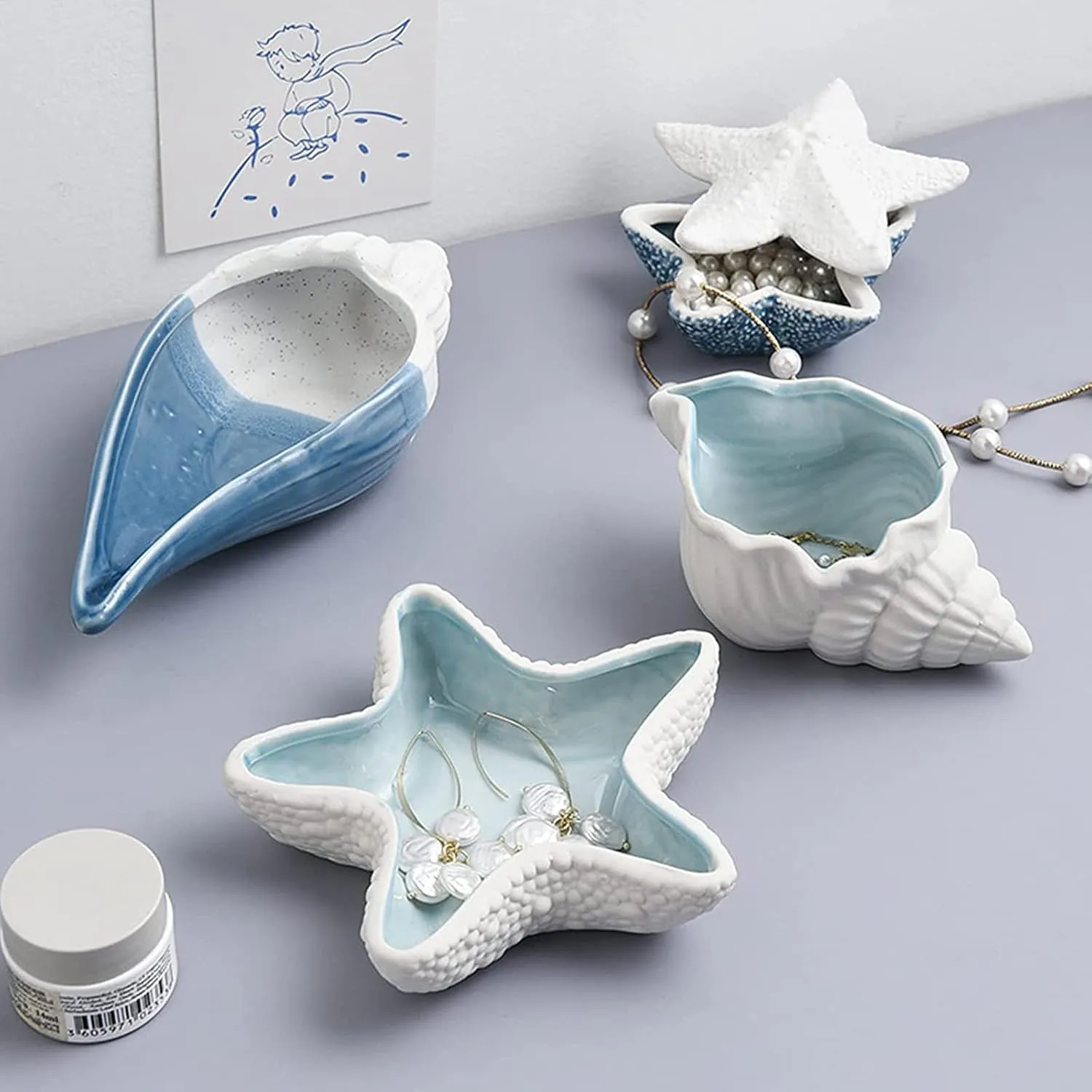 Conch Jewelry Dish Tray - Ceramic Ring Holder, Trinket Tray, Ocean Style Storage for Earrings and Candy - Table Decoration Supplies