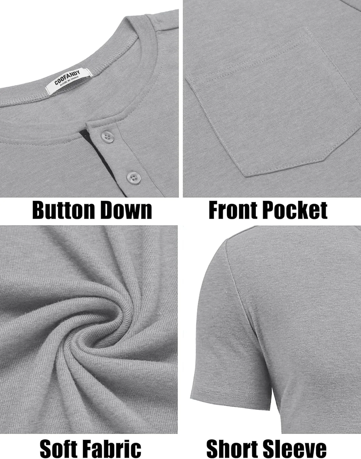 COOFANDY Men Casual Henley Shirt Short Sleeve Summer Basic T Shirt Pocket Soild Button Tee Top