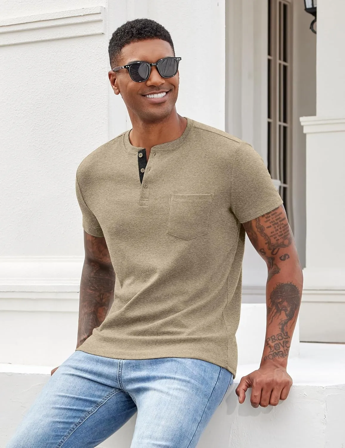 COOFANDY Men Casual Henley Shirt Short Sleeve Summer Basic T Shirt Pocket Soild Button Tee Top