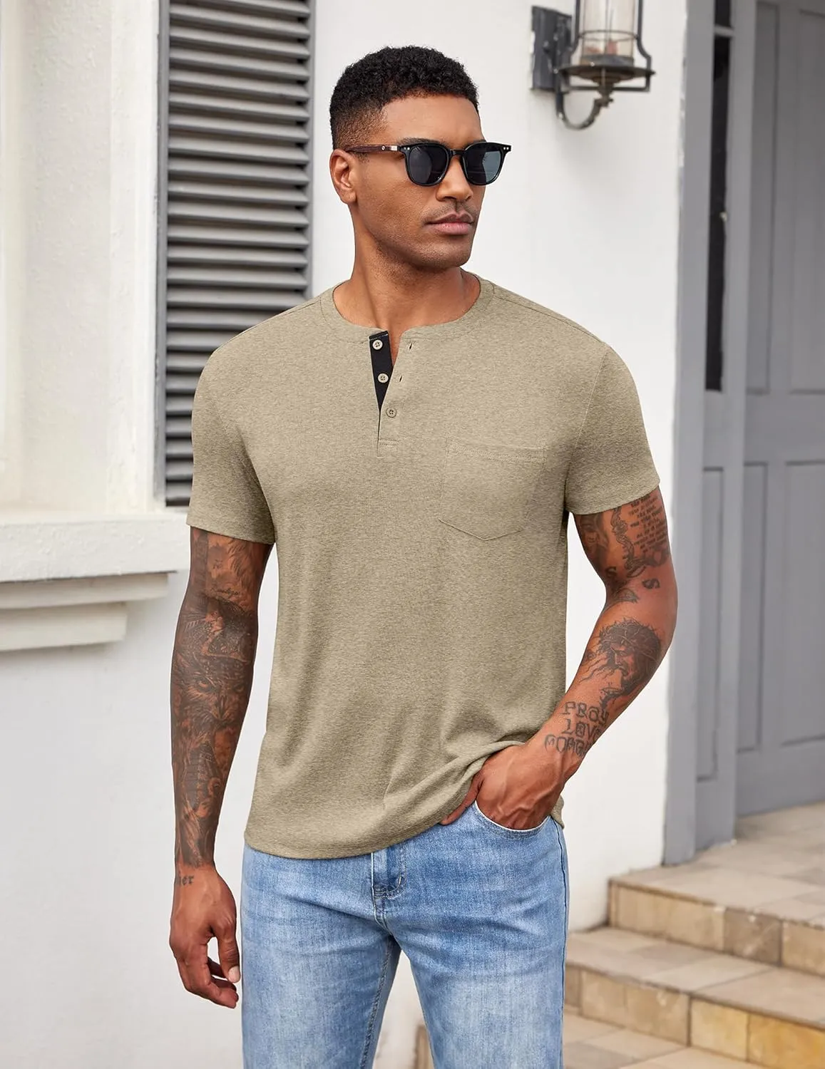 COOFANDY Men Casual Henley Shirt Short Sleeve Summer Basic T Shirt Pocket Soild Button Tee Top