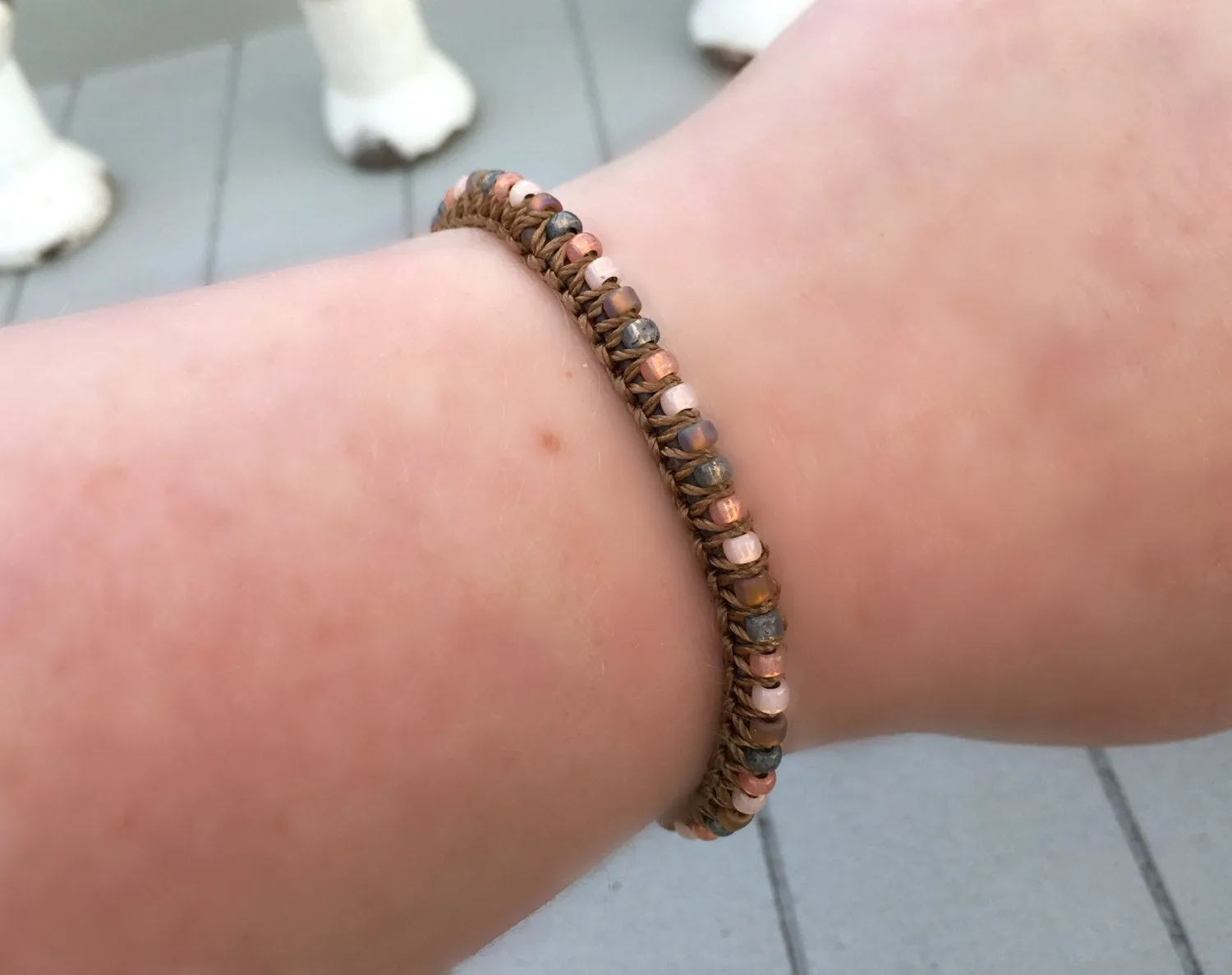 Coral Peach and Brown Top Beaded Macrame Woven Leather Stack bracelet