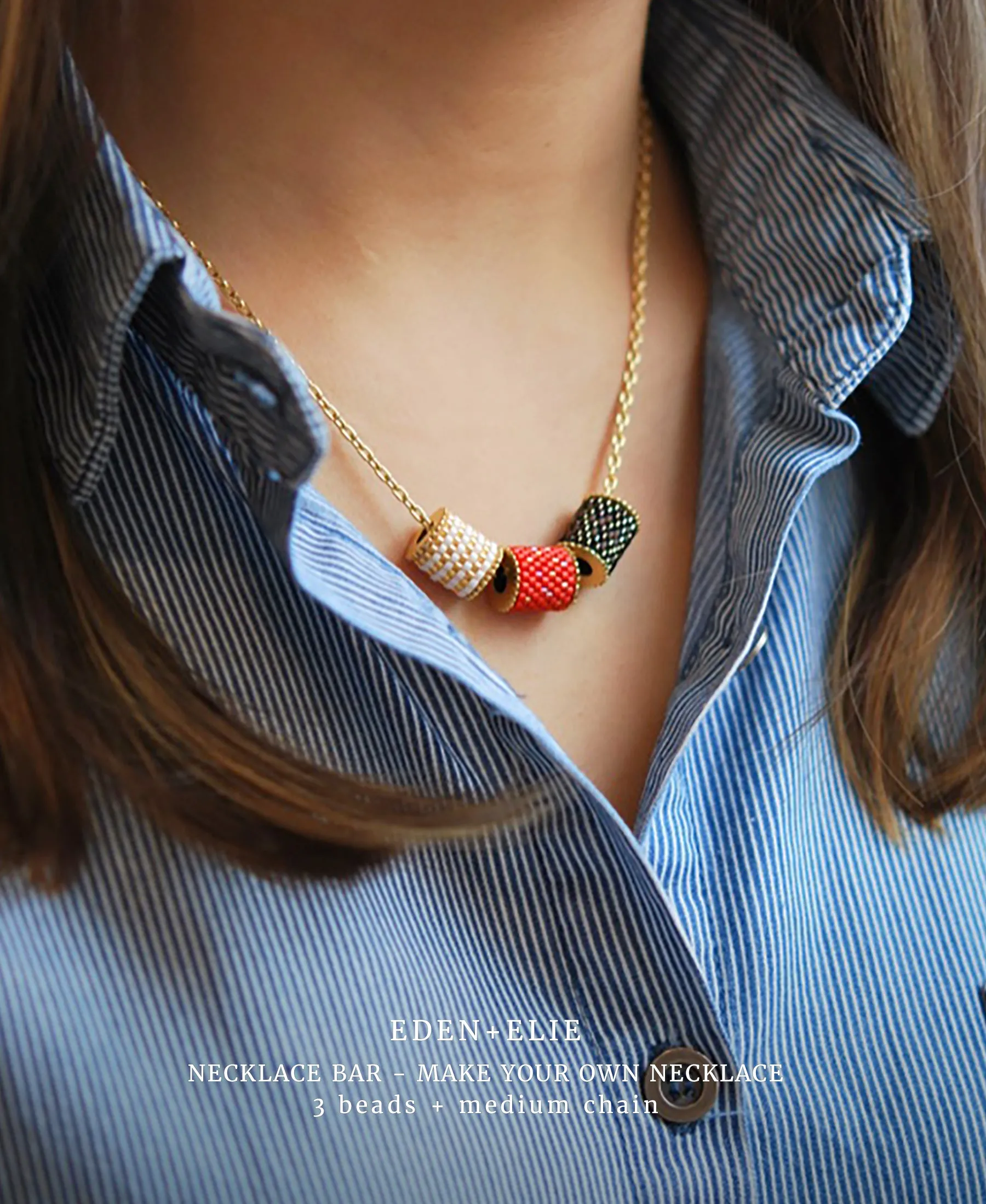 EDEN   ELIE Necklace Bar single bead   optional chain - white gold striped