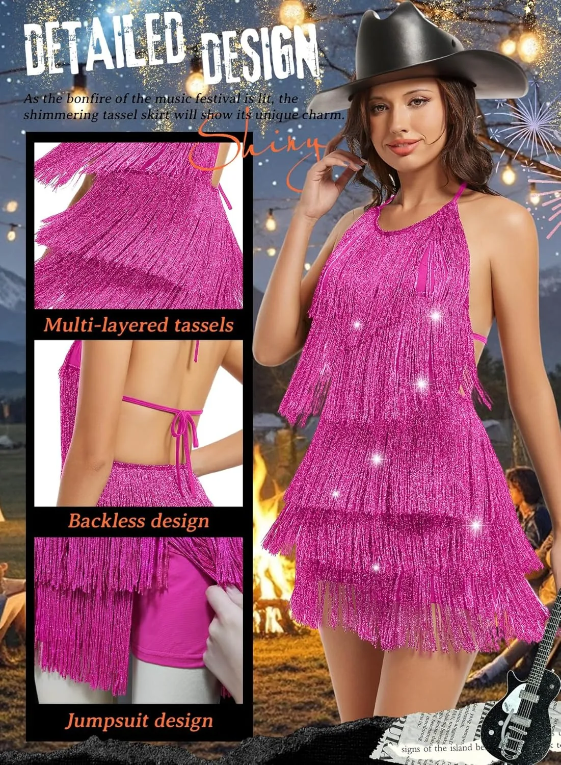 Ella Lust Sexy Backless Fringe Dress Jumpsuit - Western Country Concert Cowgirl Outfit for Women Nashville Tassel Romper