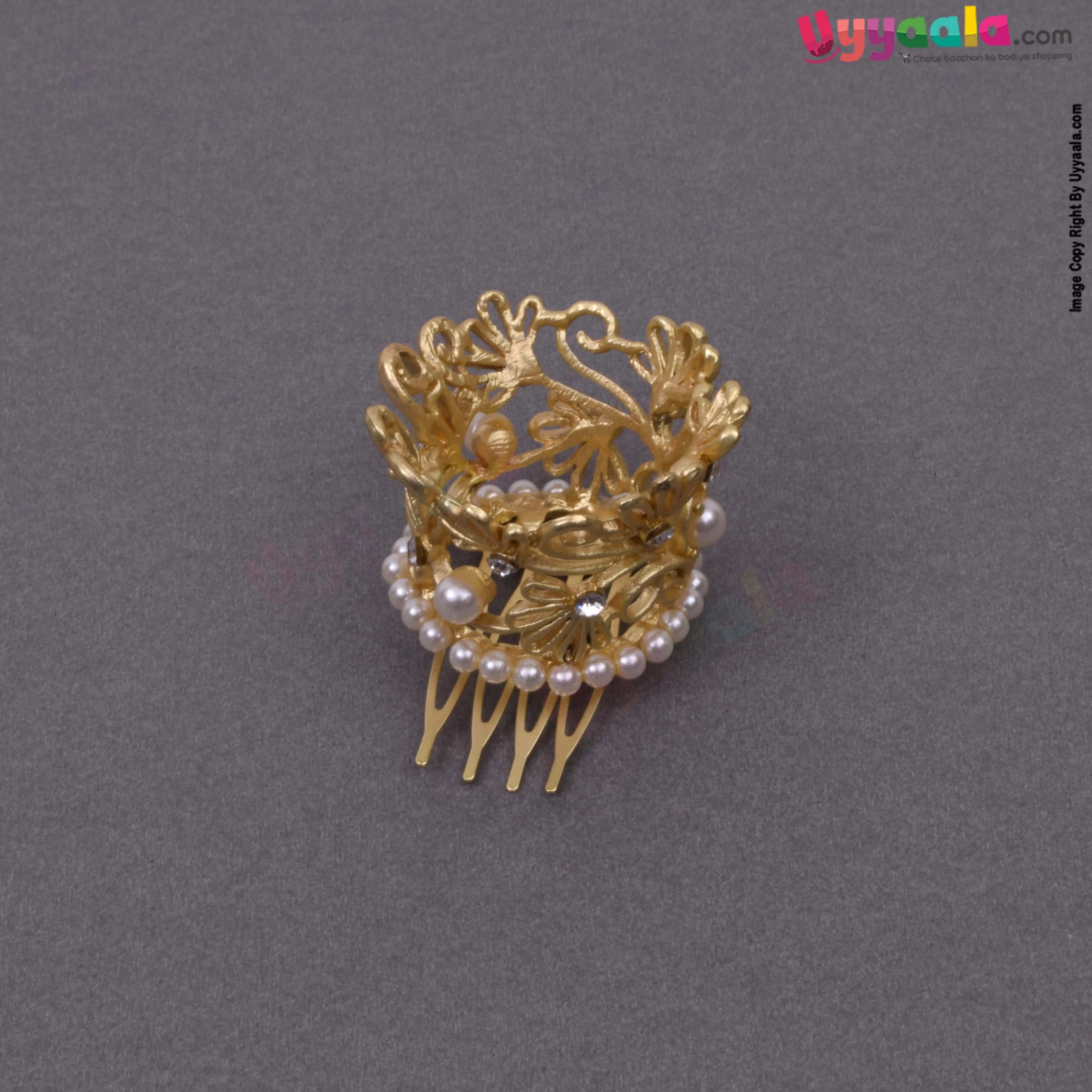 Fancy round hair crown pin with pearls for kids, gold - 1 to 8 years