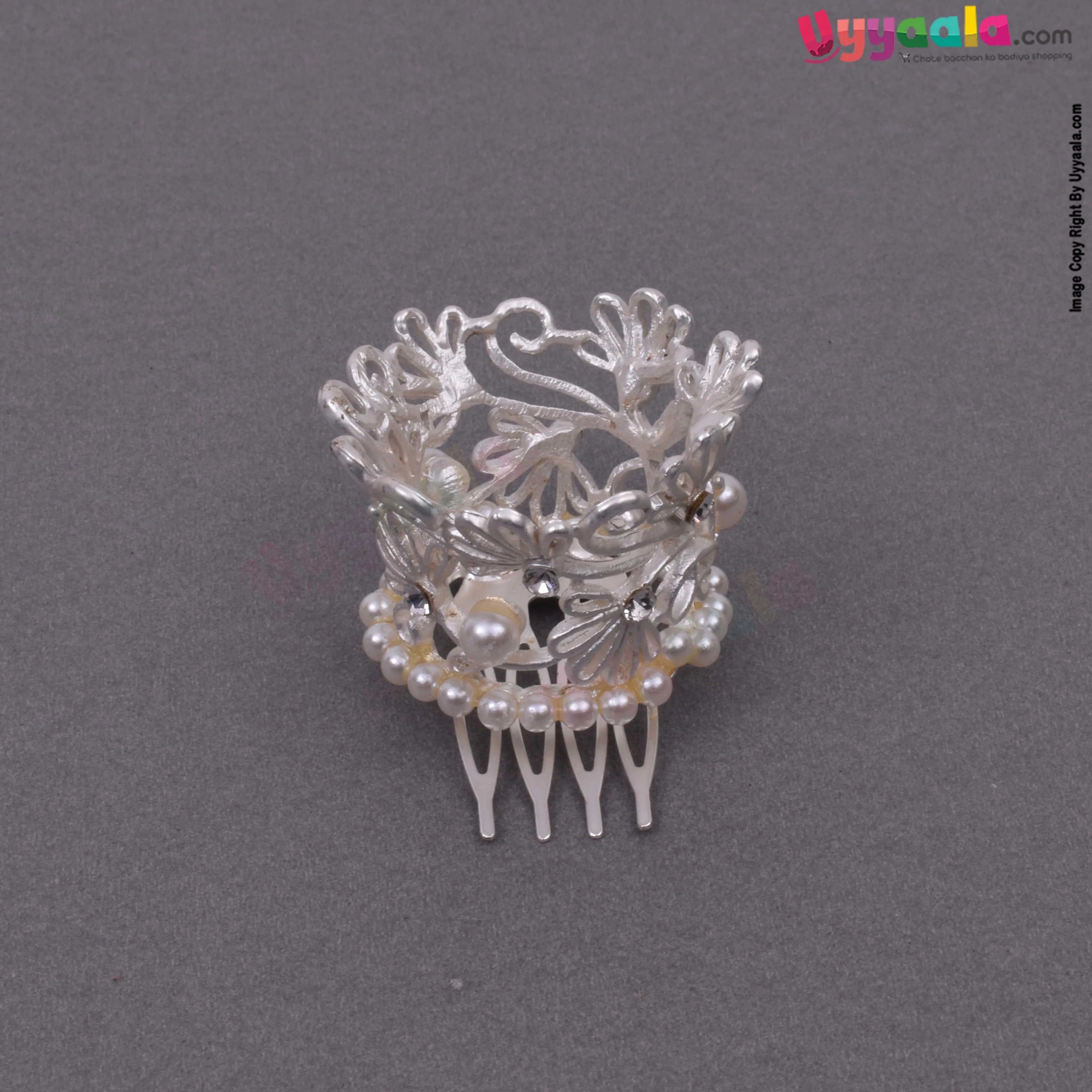 Fancy round hair crown pin with pearls for kids, silver - 1 to 8 years