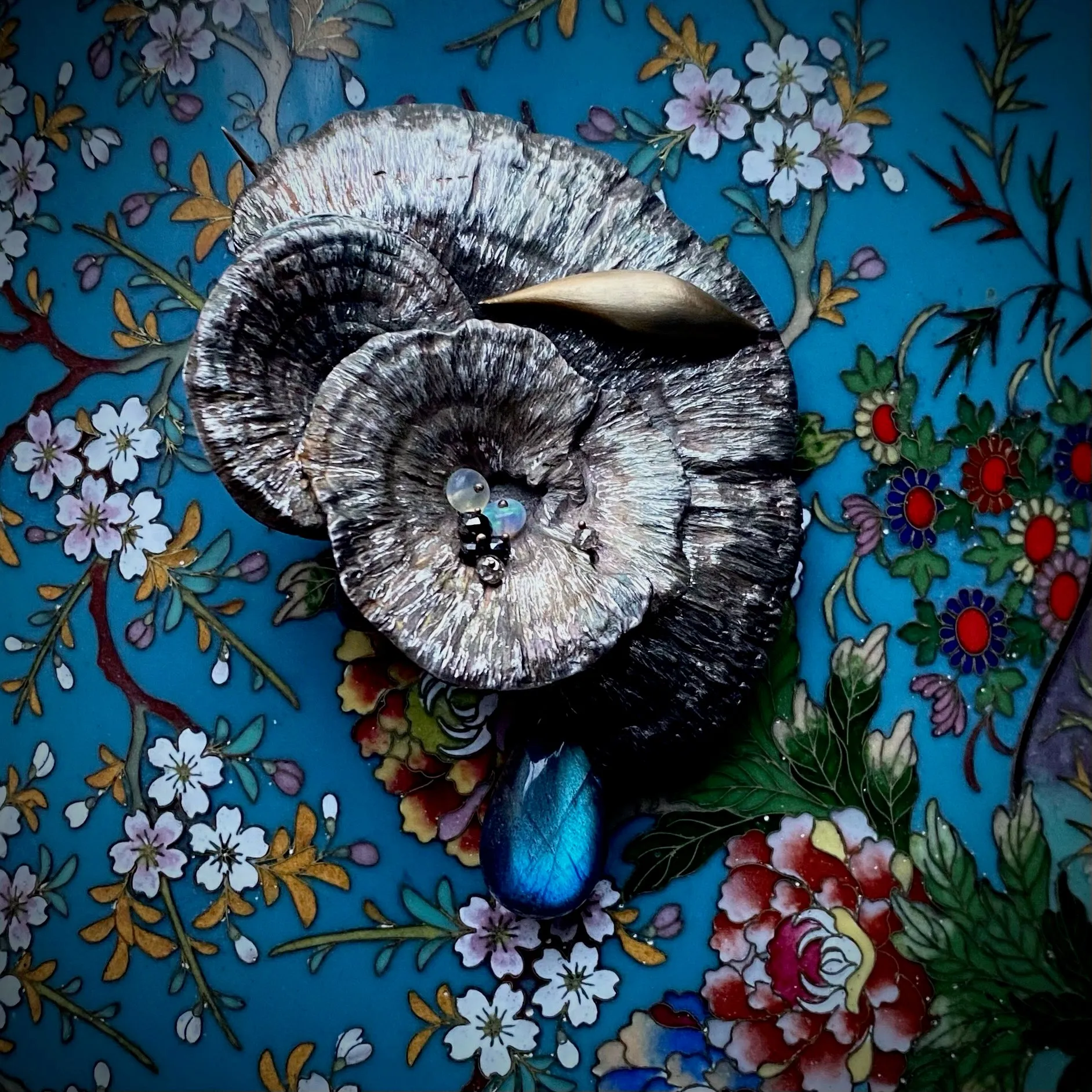 Gabriella Kiss Mushroom Brooch w/ 18k Slug, Labradorite, Opals & Diamonds