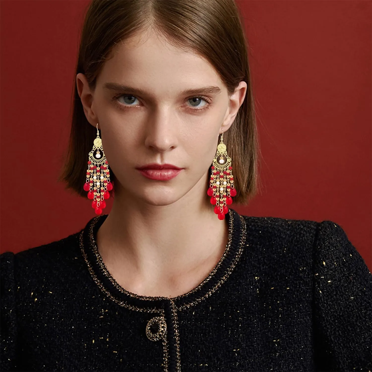 Handmade Dainty Sparkly Acrylic Beaded Fringe Chandelier Dangle Drop Earrings Boho Gold Long Tassel Flower Crystal Teardrop Hook Earrings For Women