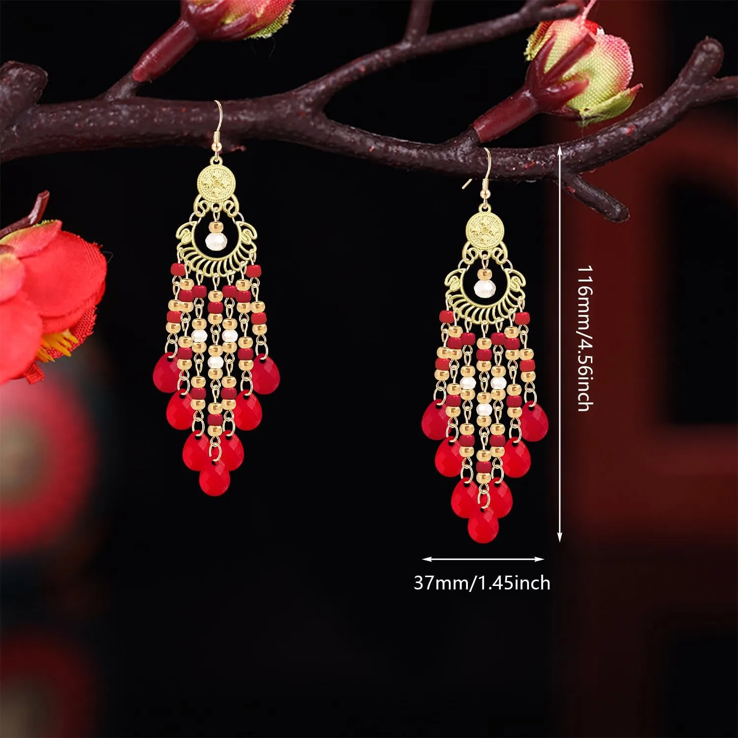 Handmade Dainty Sparkly Acrylic Beaded Fringe Chandelier Dangle Drop Earrings Boho Gold Long Tassel Flower Crystal Teardrop Hook Earrings For Women