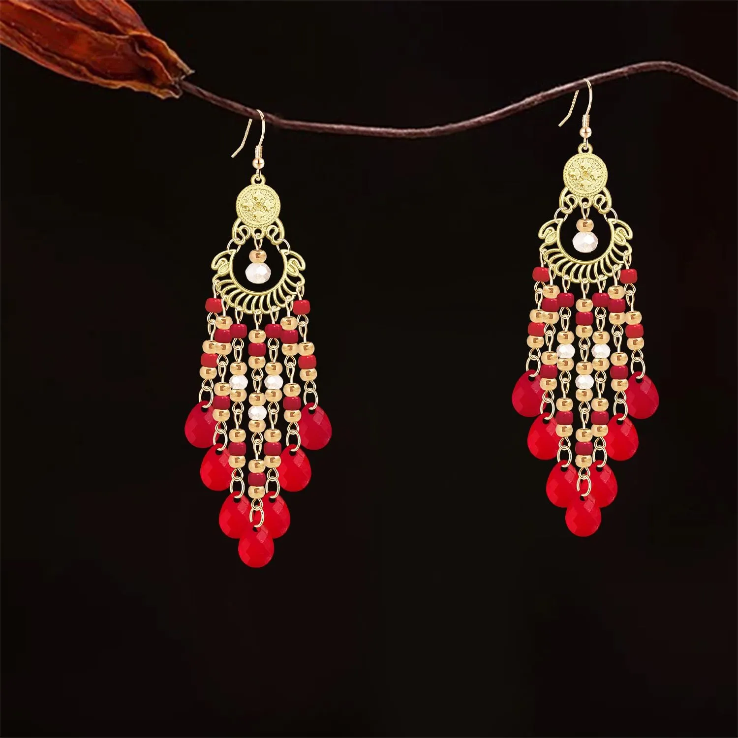 Handmade Dainty Sparkly Acrylic Beaded Fringe Chandelier Dangle Drop Earrings Boho Gold Long Tassel Flower Crystal Teardrop Hook Earrings For Women