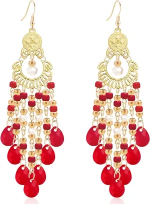 Handmade Dainty Sparkly Acrylic Beaded Fringe Chandelier Dangle Drop Earrings Boho Gold Long Tassel Flower Crystal Teardrop Hook Earrings For Women