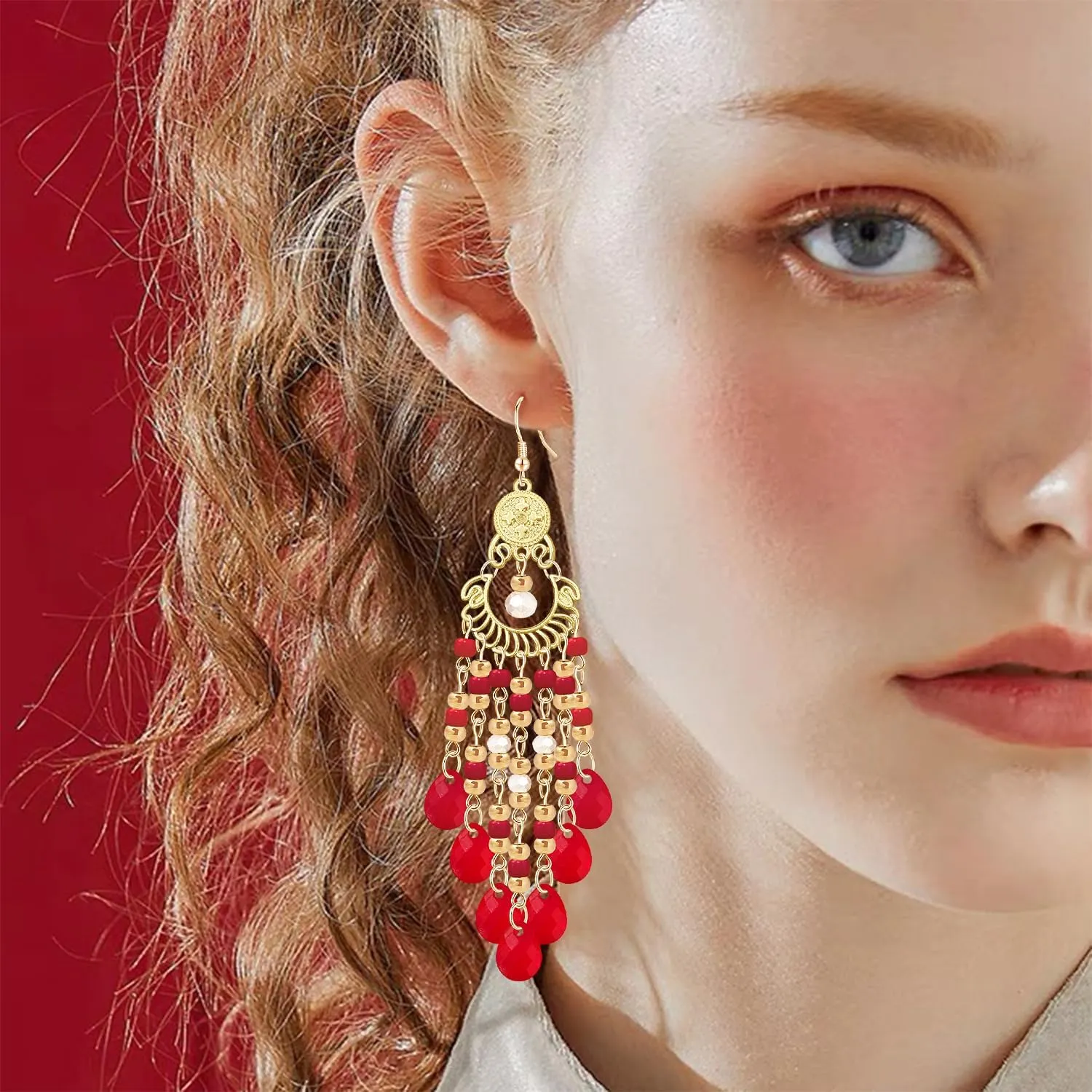 Handmade Dainty Sparkly Acrylic Beaded Fringe Chandelier Dangle Drop Earrings Boho Gold Long Tassel Flower Crystal Teardrop Hook Earrings For Women
