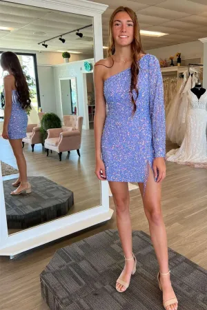 Lavender Sequin One Sleeve Fringe Short Homecoming Dress VK23092107