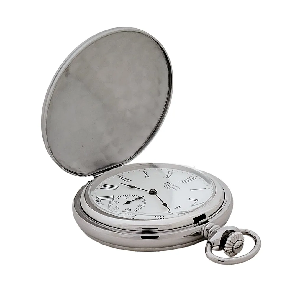National Pocket Watch with Roman Numerals, 17 Jewel Wind Up Mechanical Movement, Chrome Plated Steel Hunting Case