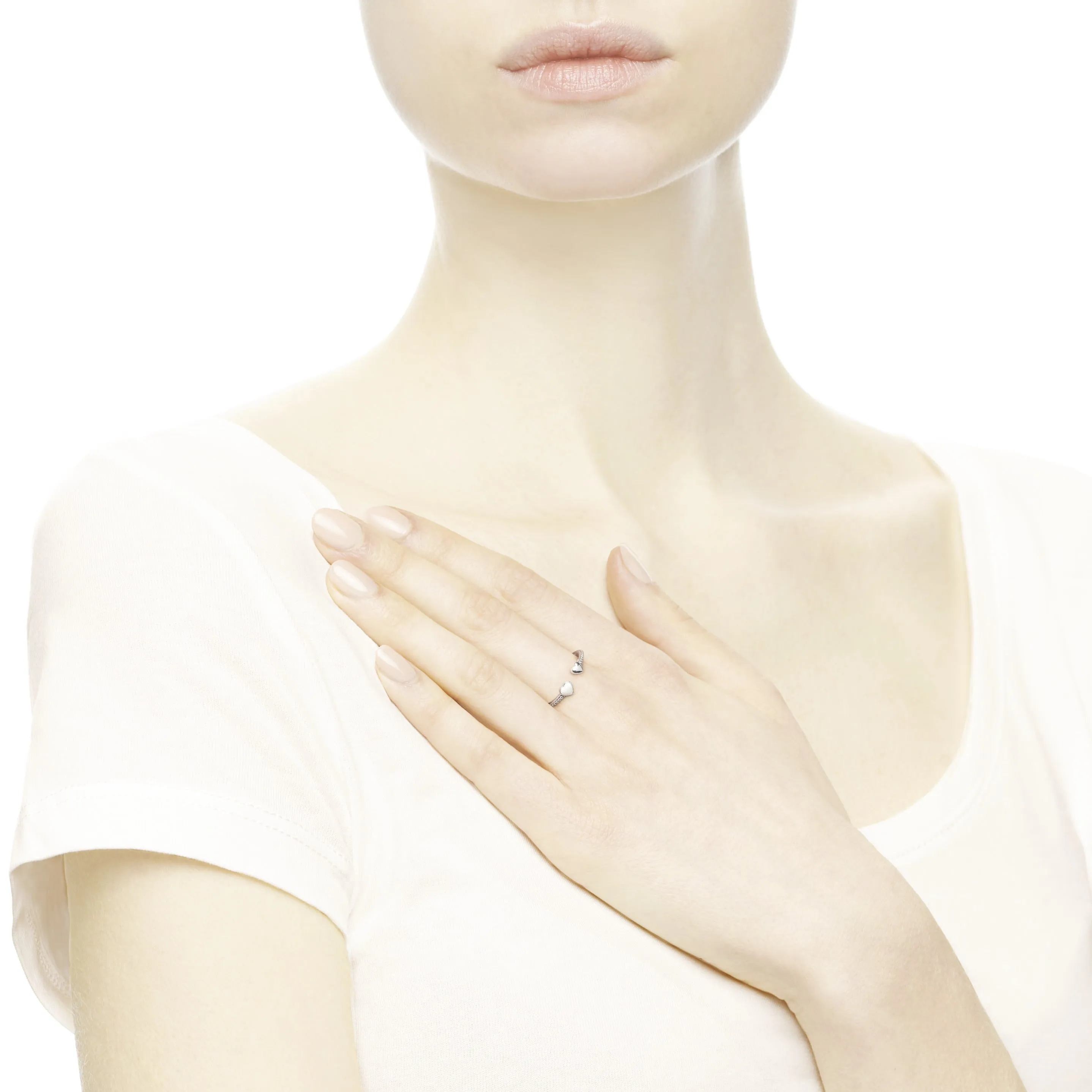Open heart silver ring with silver enamel