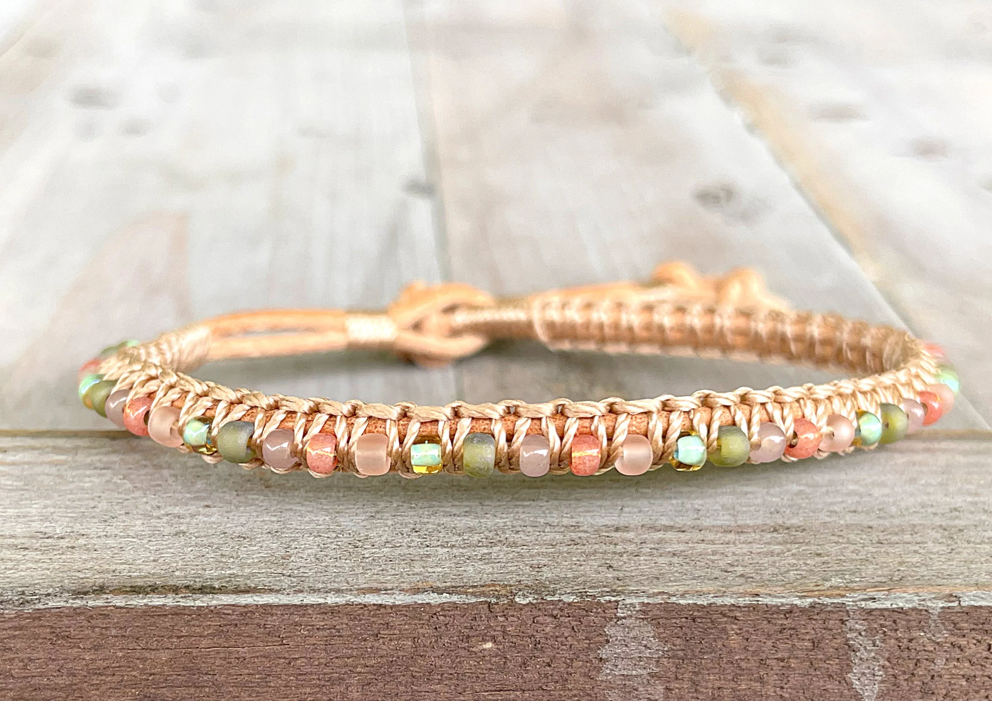 Peach and Olive Leather Beaded Macrame Bracelet Set