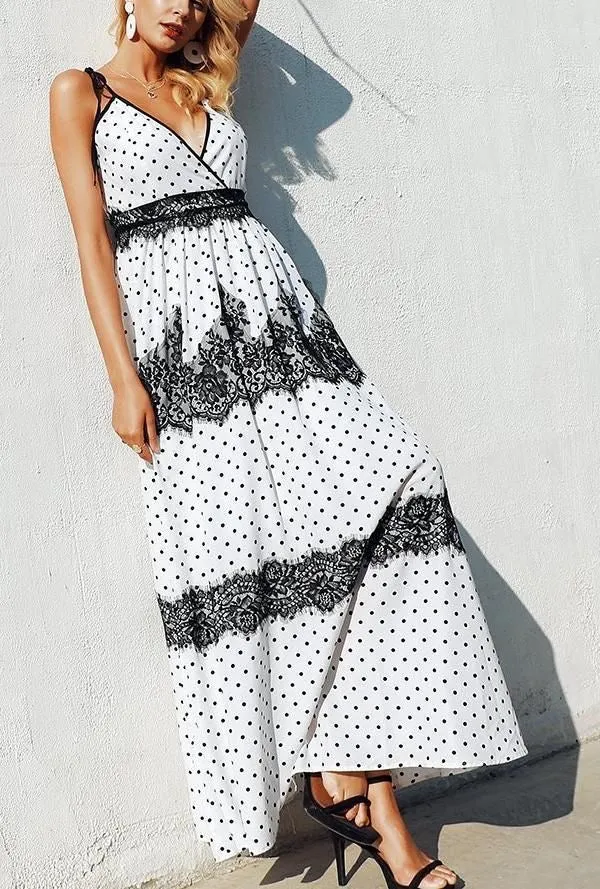 Polka Dot Lace Boho Dress, Black and White Bohemian Summer Dress For Women