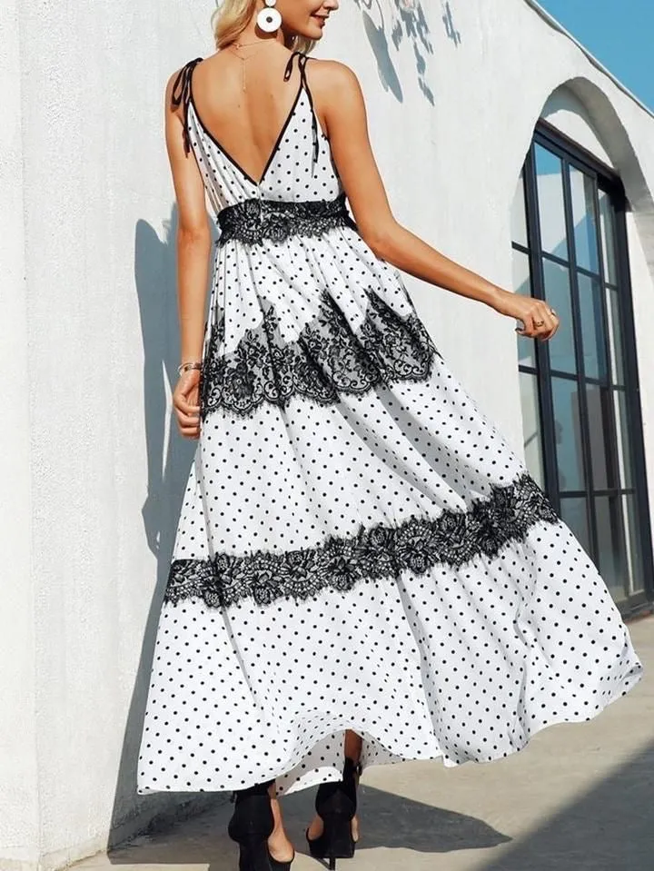Polka Dot Lace Boho Dress, Black and White Bohemian Summer Dress For Women