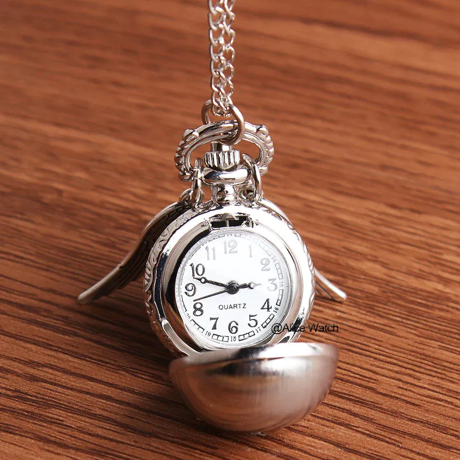 Retro Snitch Necklace Chain Pendant Mini Wings Quartz Fob Pocket Watch