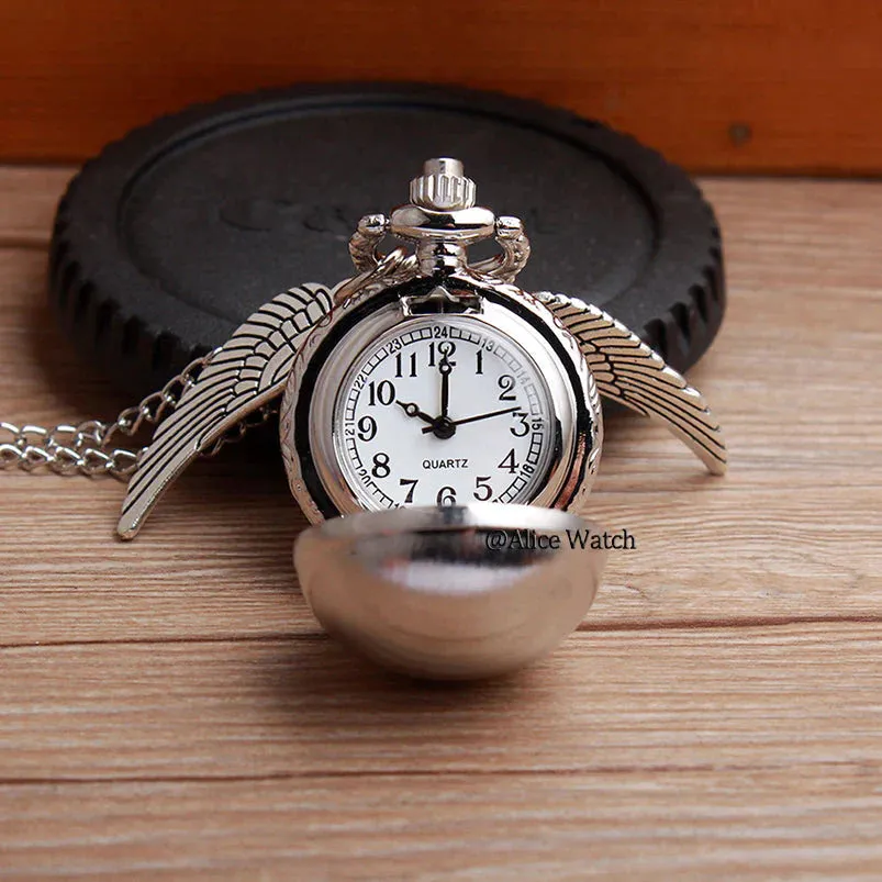 Retro Snitch Necklace Chain Pendant Mini Wings Quartz Fob Pocket Watch