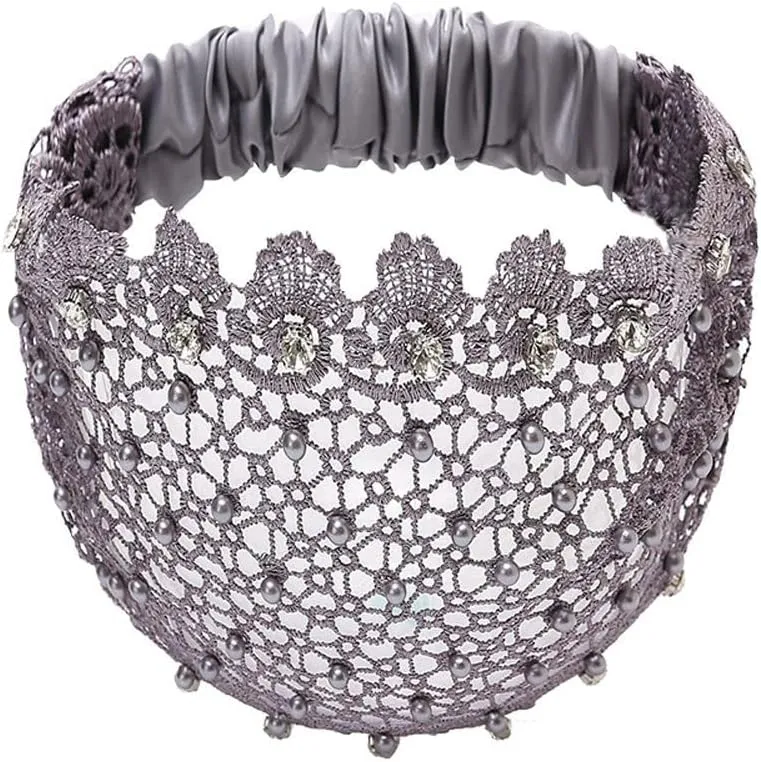 Retro Wide Rhinestone Cover Headband Hair Band Headdress Rhinestone Cover Head Pearl Headwear for Women(Grey)