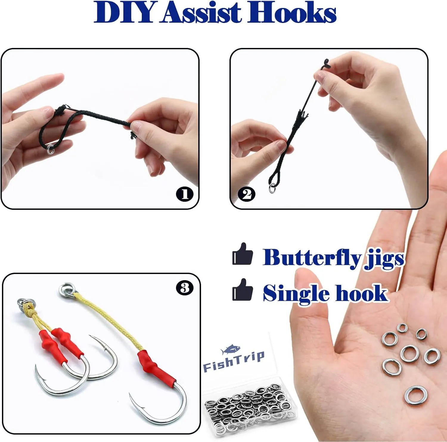 Solid Rings Fishing 50Pcs - Stainless Steel Ring for Assist Hooks Jigs Butterfly Rigs Saltwater Freshwater