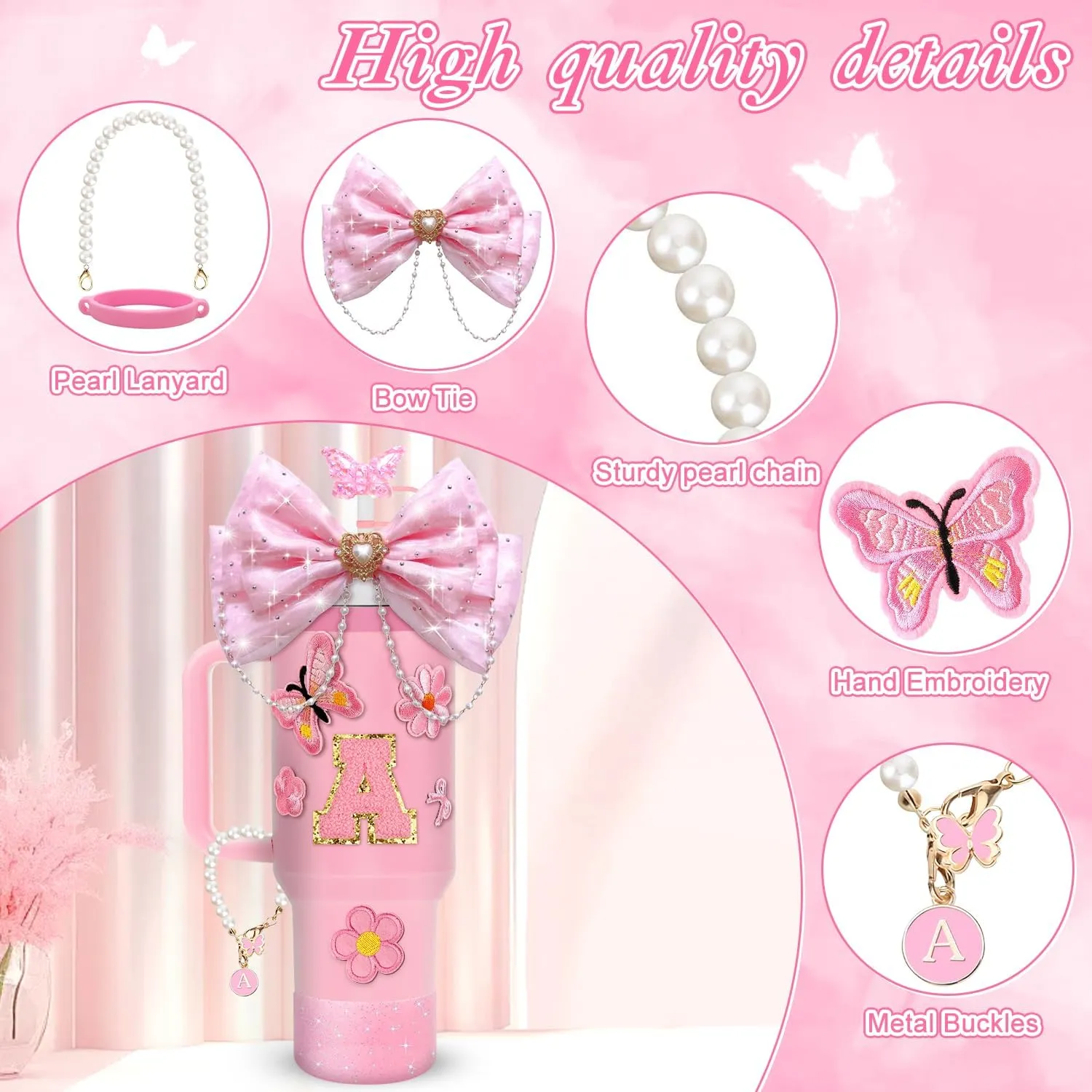 Stanley Cup Accessories,15pcs Bling Accessories for Stanley Cup 30oz 40oz Tumbler Including Straw Cover Sticker,Bow Straw Topper,Pearl Handle Strap,Suitable for Stanley Cup