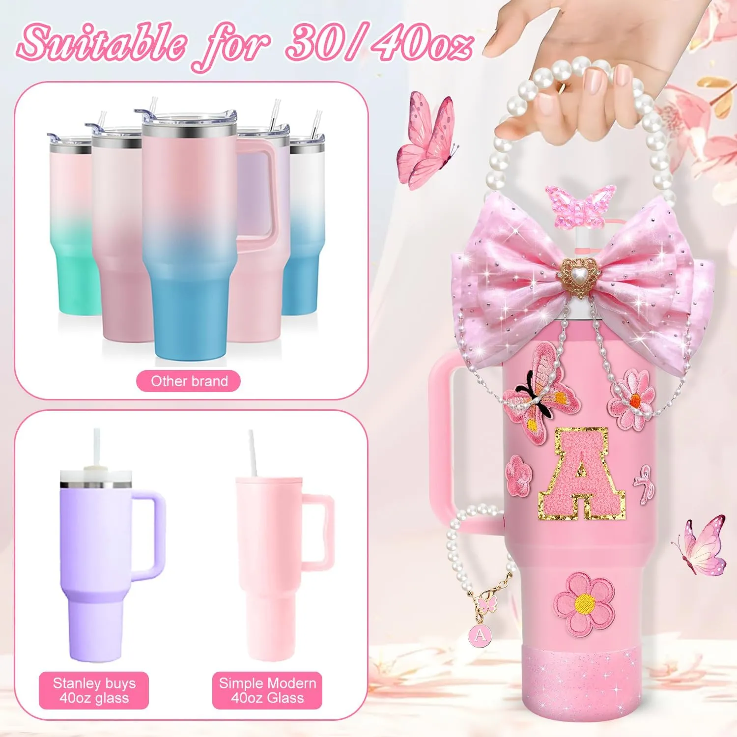 Stanley Cup Accessories,15pcs Bling Accessories for Stanley Cup 30oz 40oz Tumbler Including Straw Cover Sticker,Bow Straw Topper,Pearl Handle Strap,Suitable for Stanley Cup