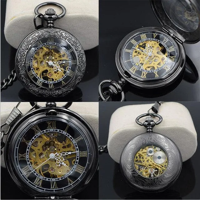 Steampunk Skeleton Male Clock Transparent Mechanical Black See Though Face Retro Ver Vintage Pendant Pocket Watch Gift