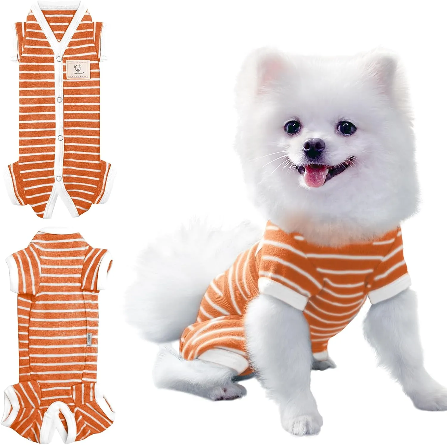 TONY HOBY Female/Male Pet Dog Pajamas Stripes 4 Legged Dog pjs Jumpsuit Soft Cotton Dogs Clothes(S, Orange White-Girls)