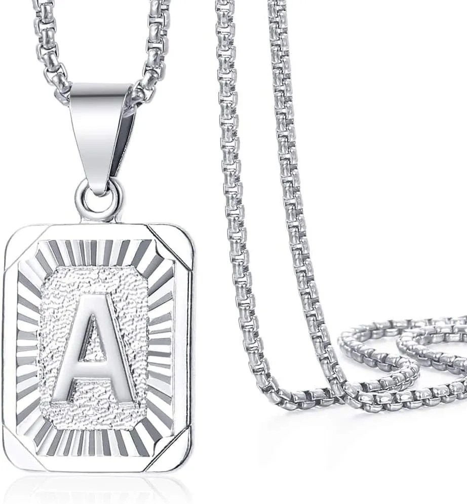 Trendsmax Initial Letter Pendant Necklace Mens Womens Capital Letter White Gold Plated A Z Stainless Steel Box Chain 22inch