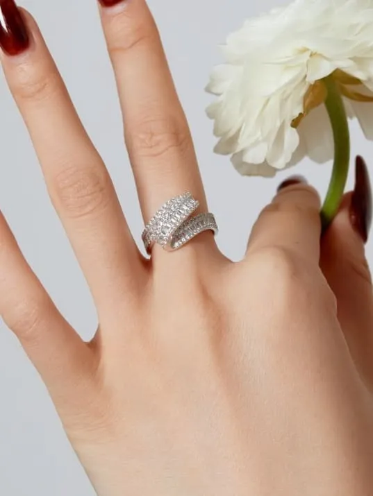 Twisted Stacked Eternity Ring Baguette Zircon 925 Sterling Silver Statement Tarnish Free Luxury Ring